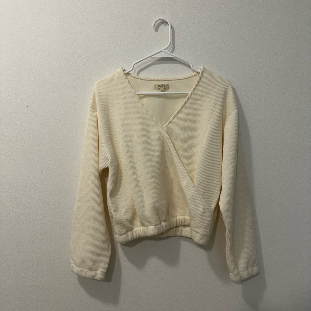 Madewell off-white wrap-front ribbed v-neck cinched sweater